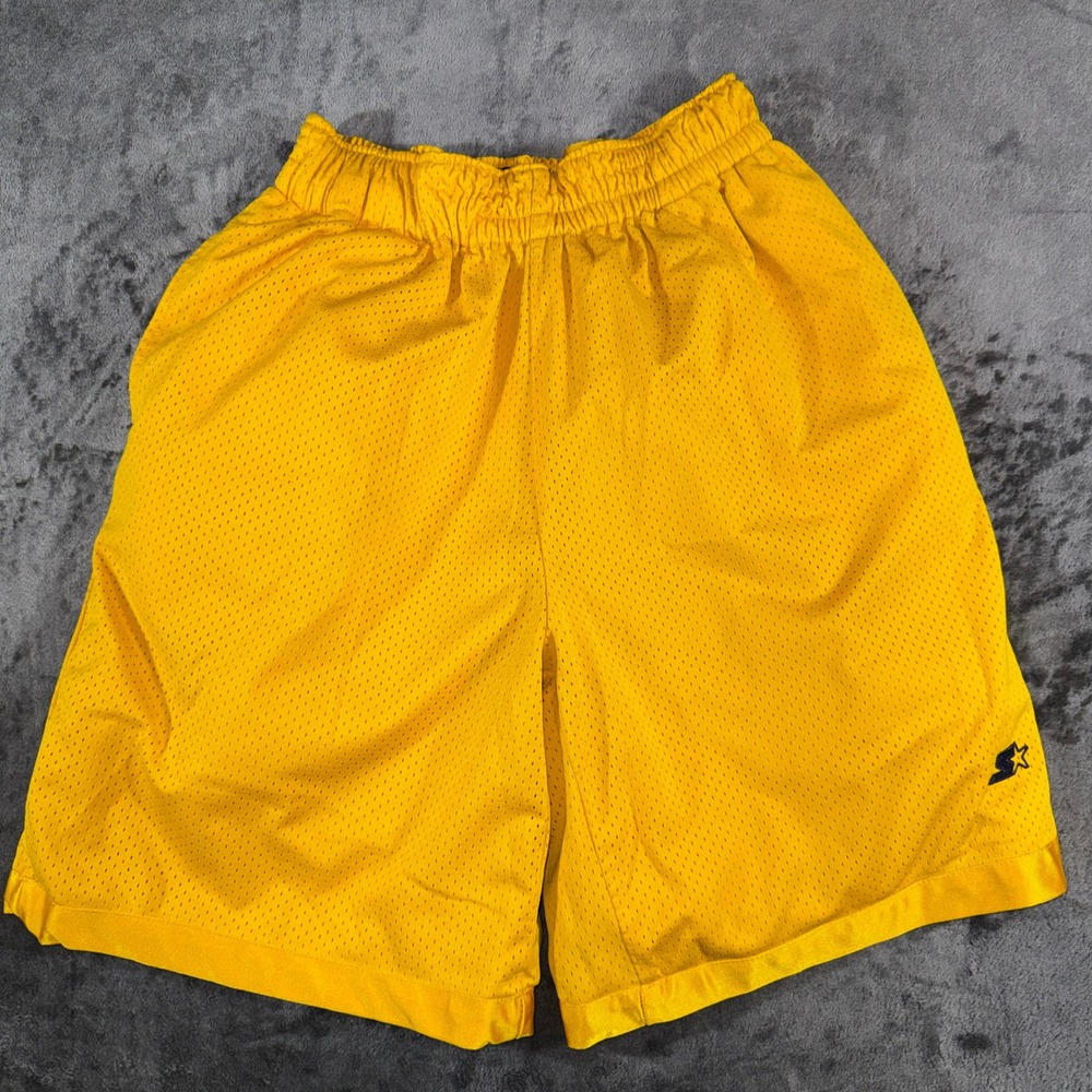 Starter Mens Yellow Mesh Athletic Basketball Shorts Elastic Waist Gold Logo